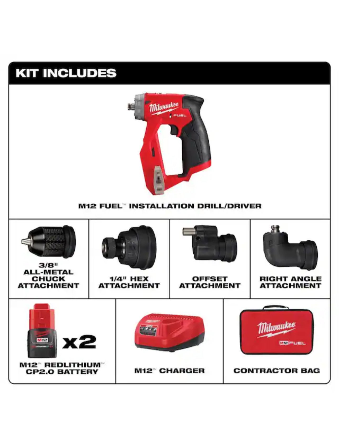Kit de taladro atornillador de instalación 4 en 1 Milwaukee M12 Fuel de 3/8 pulgadas con 4 cabezales de herramientas (2505-22)