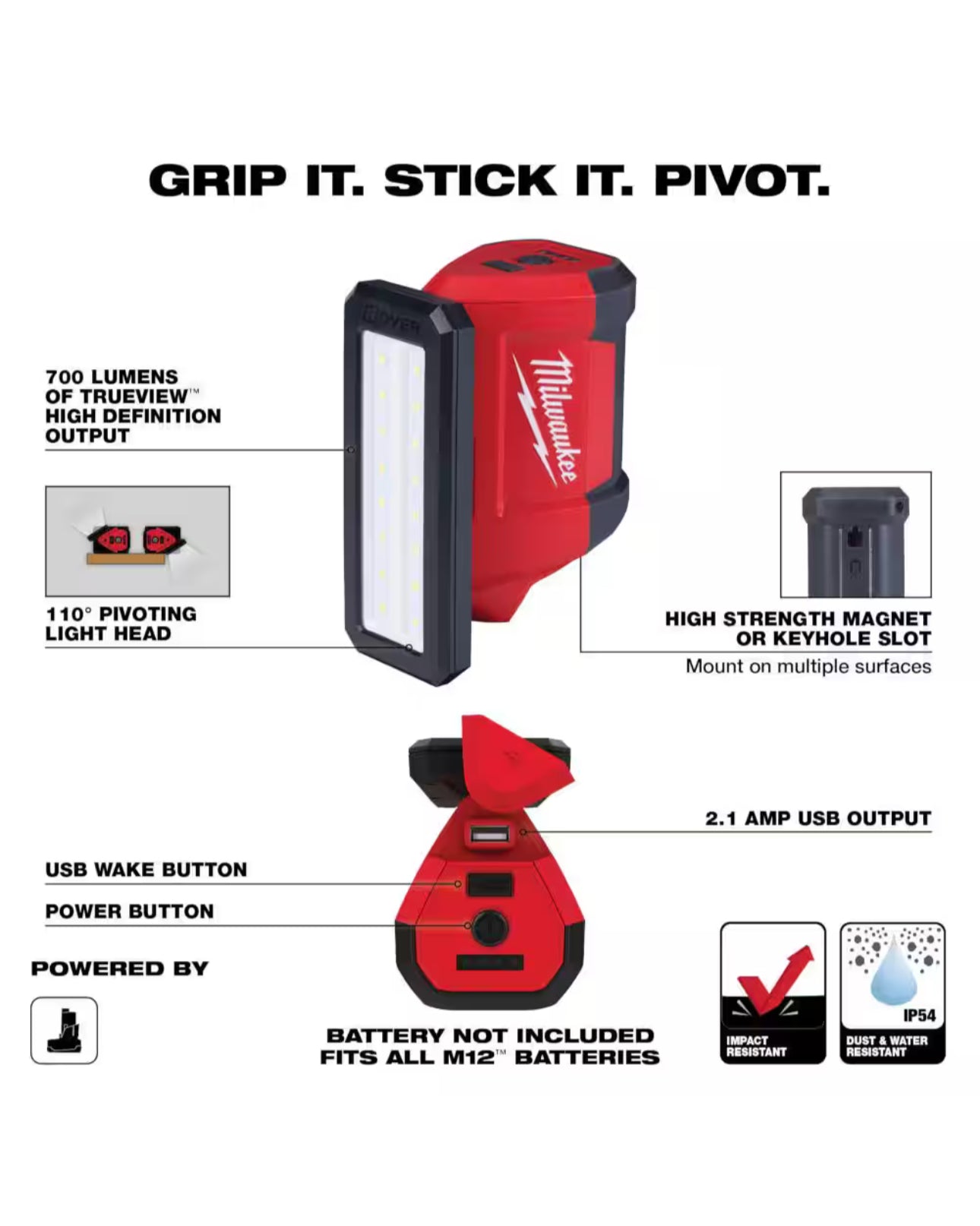 Milwaukee M12 ROVER Service and Repair Flood Light with USB Charging (2367-20)