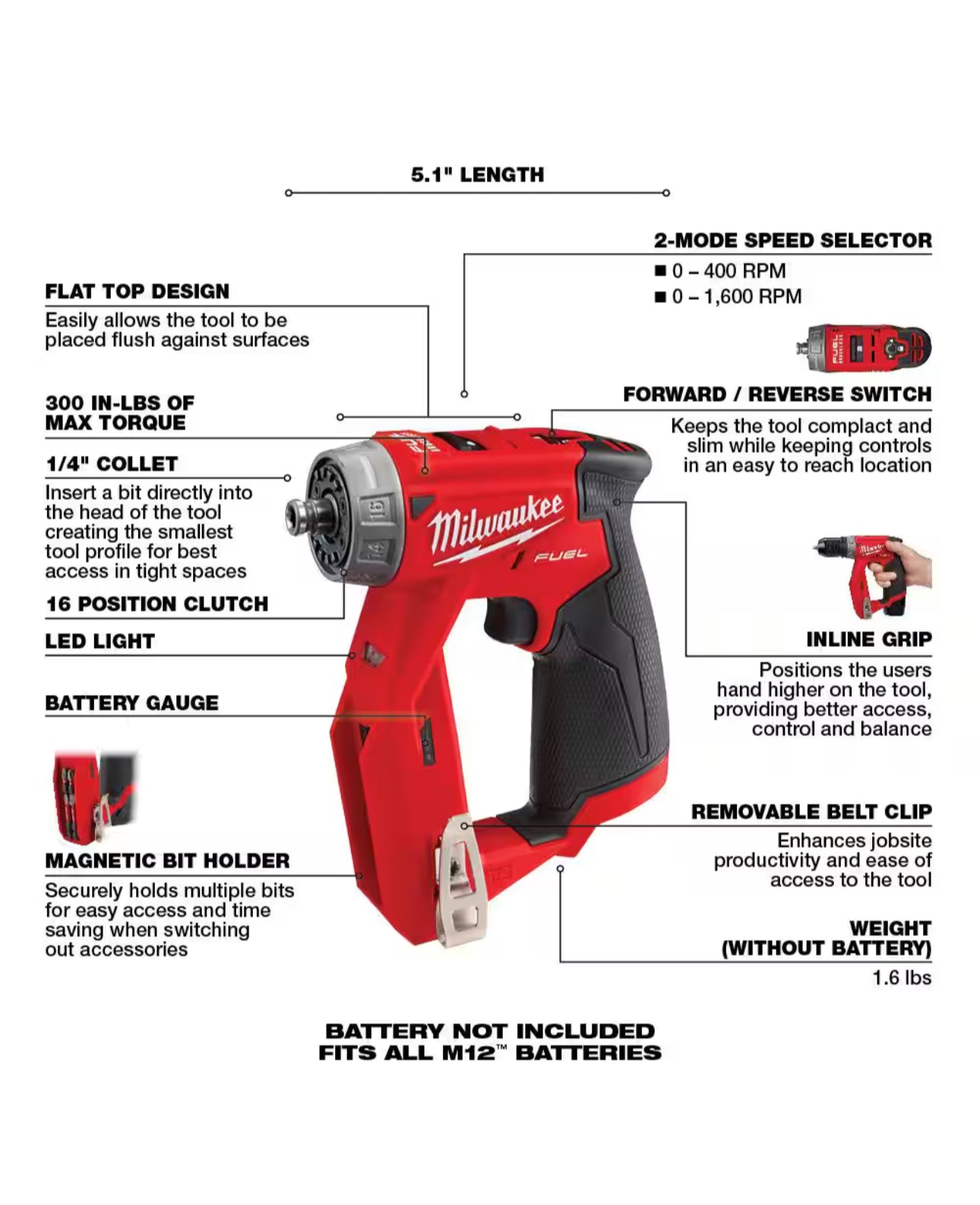 Taladro atornillador de instalación de COMBUSTIBLE Milwaukee de 3/8” M12 (2505-20)