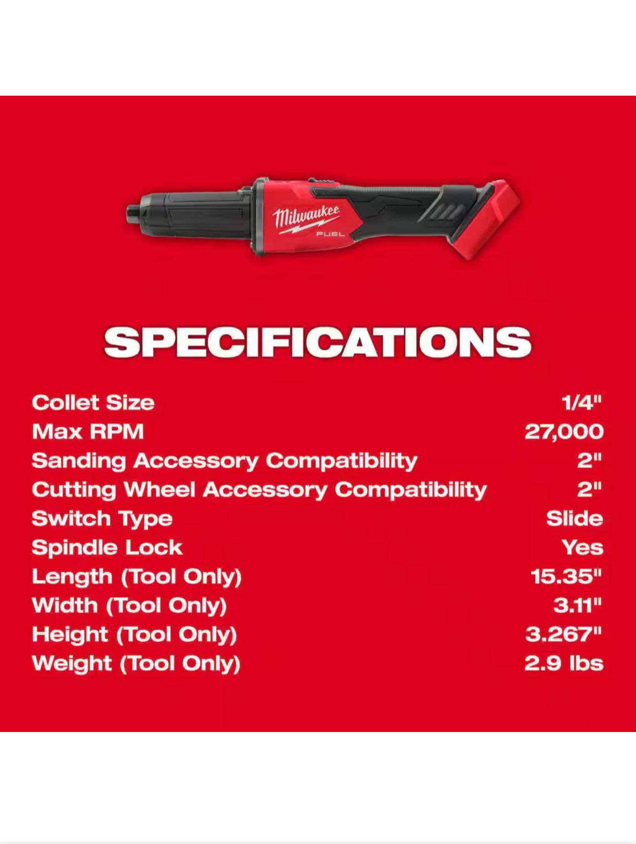 Milwaukee M18 FUEL™ 1/4" Braking Die Grinder, Slide Switch (2939-20)