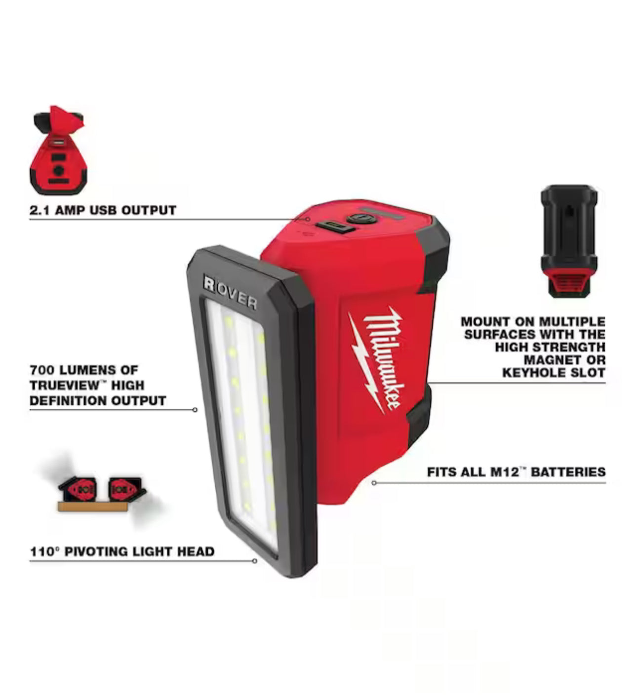 Milwaukee M12 ROVER Service and Repair Flood Light with USB Charging (2367-20)