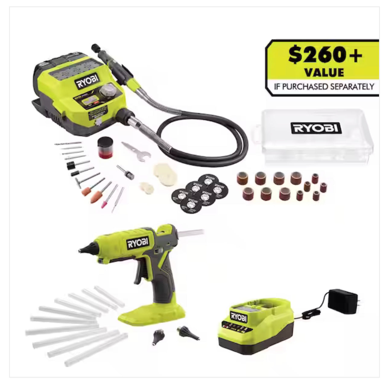 RYOBI one+ Rotary Tool Station mit Heißklebepistolen-Set