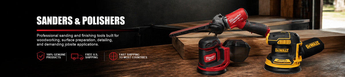 Sanders & Polishers collection featuring genuine professional power tools for woodworking, automotive detailing, and surface preparation.
