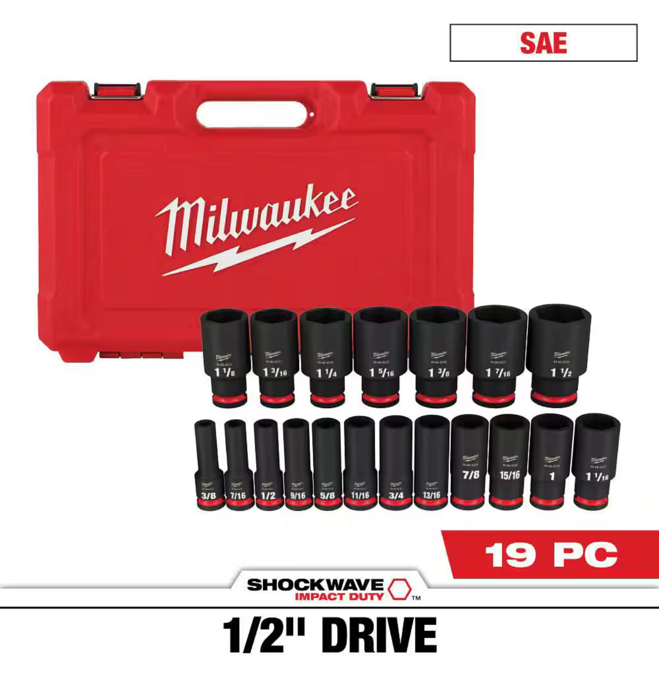 Milwaukee SHOCKWAVE 1/2” Drive SAE 6 Point Impact Socket Set (19-Piece)