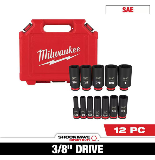 Milwaukee SHOCKWAVE 3/8” Drive Deep Well 6 Point Impact Socket Set (12-Piece)