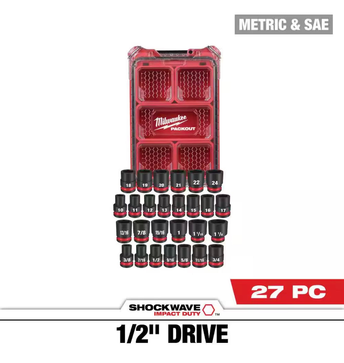 Milwaukee Impact-Duty 1/2 in. Drive Metric and SAE Standard Impact PACKOUT Socket Set (27-Piece)