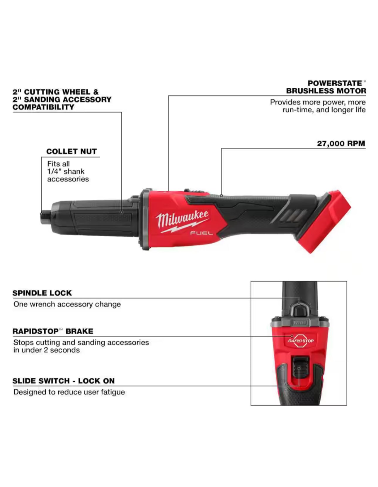 Milwaukee M18 FUEL™ 1/4" Braking Die Grinder, Slide Switch (2939-20)