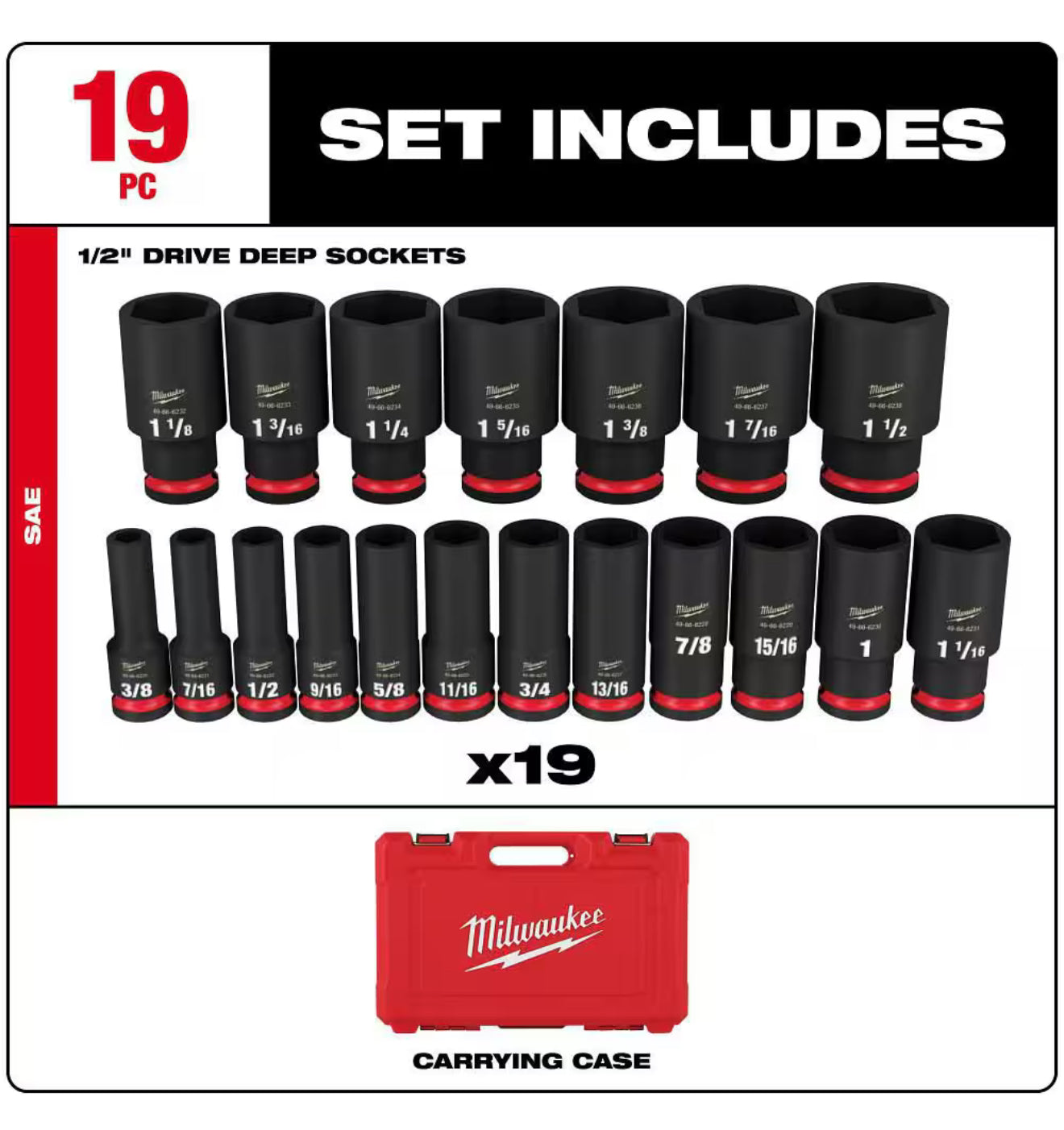 Milwaukee SHOCKWAVE 1/2” Drive SAE 6 Point Impact Socket Set (19-Piece)