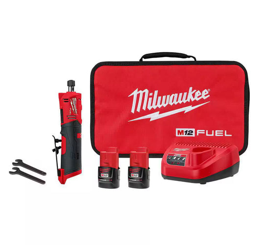 Milwaukee M12 Fuel 1/4” Straight Die Grinder Kit with Two 2.0 Ah Batteries