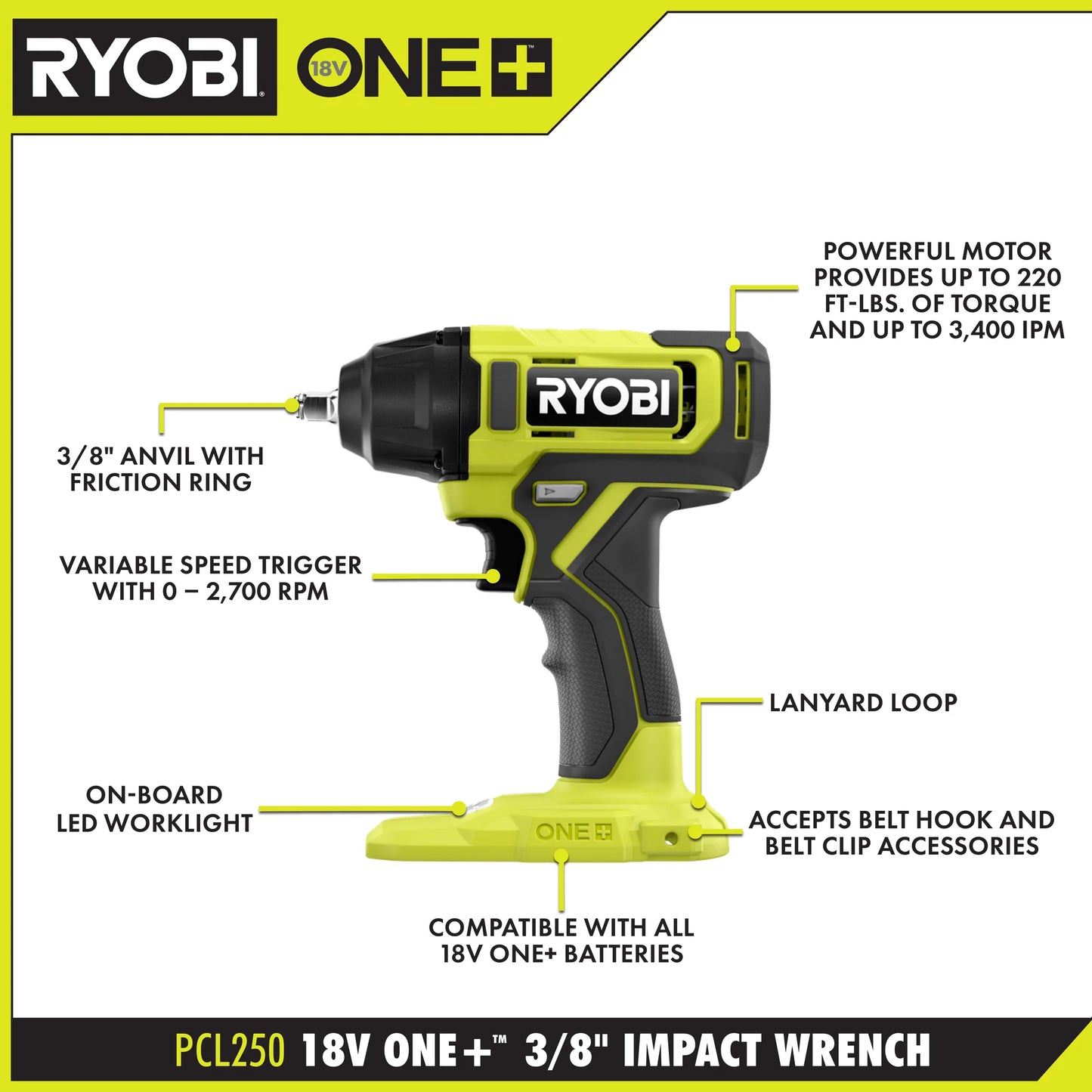 RYOBI ONE+ 18V Cordless 3/8" Impact Wrench (PCL250B)
