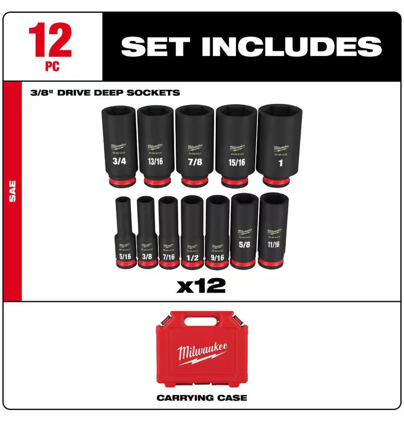 Milwaukee SHOCKWAVE 3/8” Drive Deep Well 6 Point Impact Socket Set (12-Piece)