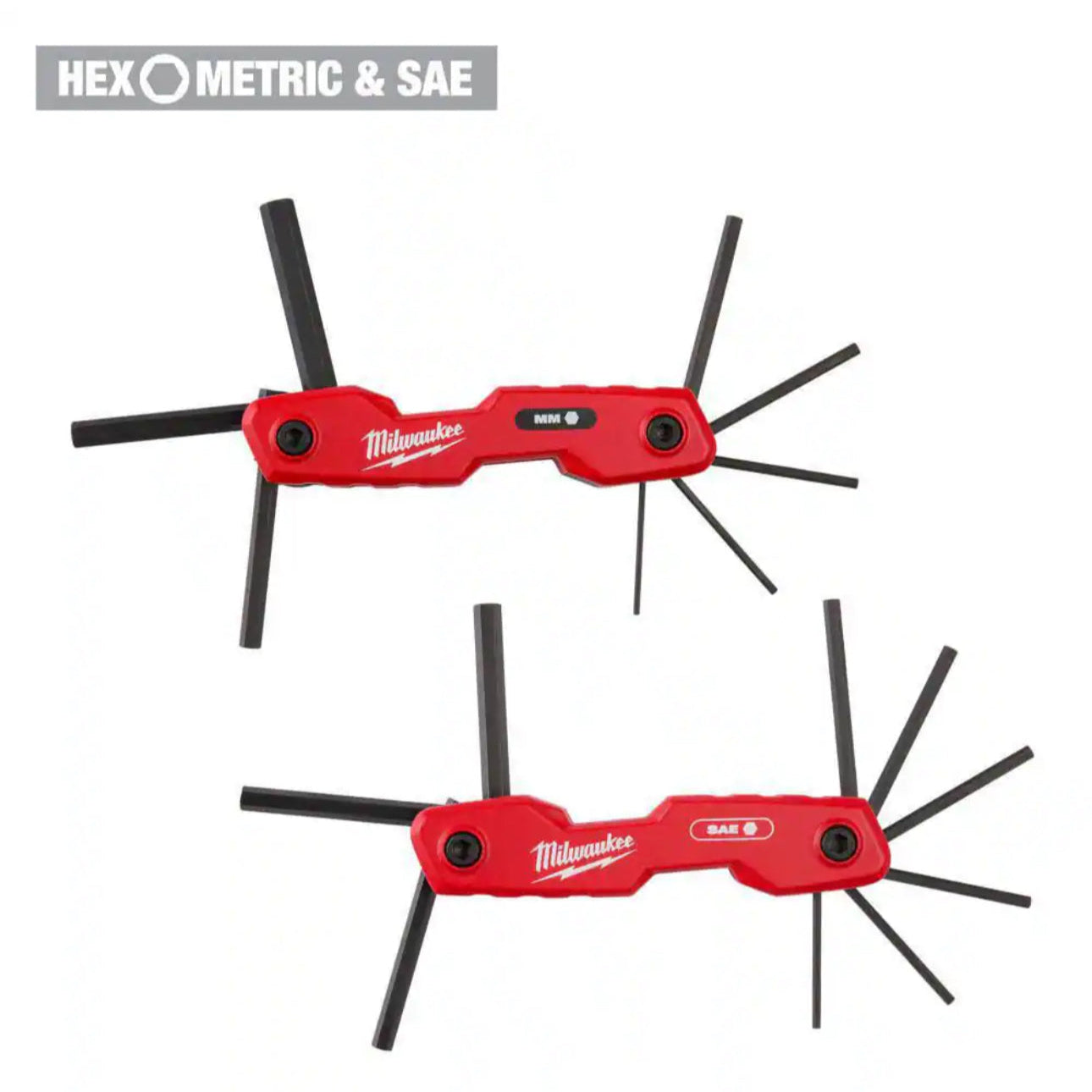 Two red Milwaukee hex keys with black pins on a white background