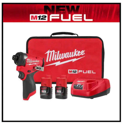 Milwaukee M12 FUEL 1/4 in. Hex Impact Driver Kit 3453-22 with two CP2.0 batteries, charger, contractor bag, and brushless impact driver.