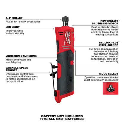 Milwaukee 2486-20 M12 FUEL Straight Die Grinder Bare Tool for Grinding, Deburring, and Polishing