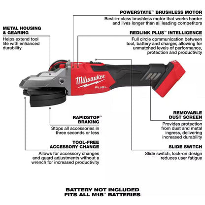 Milwaukee 2887-20 M18 FUEL Flathead Grinder with Slide Switch Lock-On for Professional Metal Fabrication