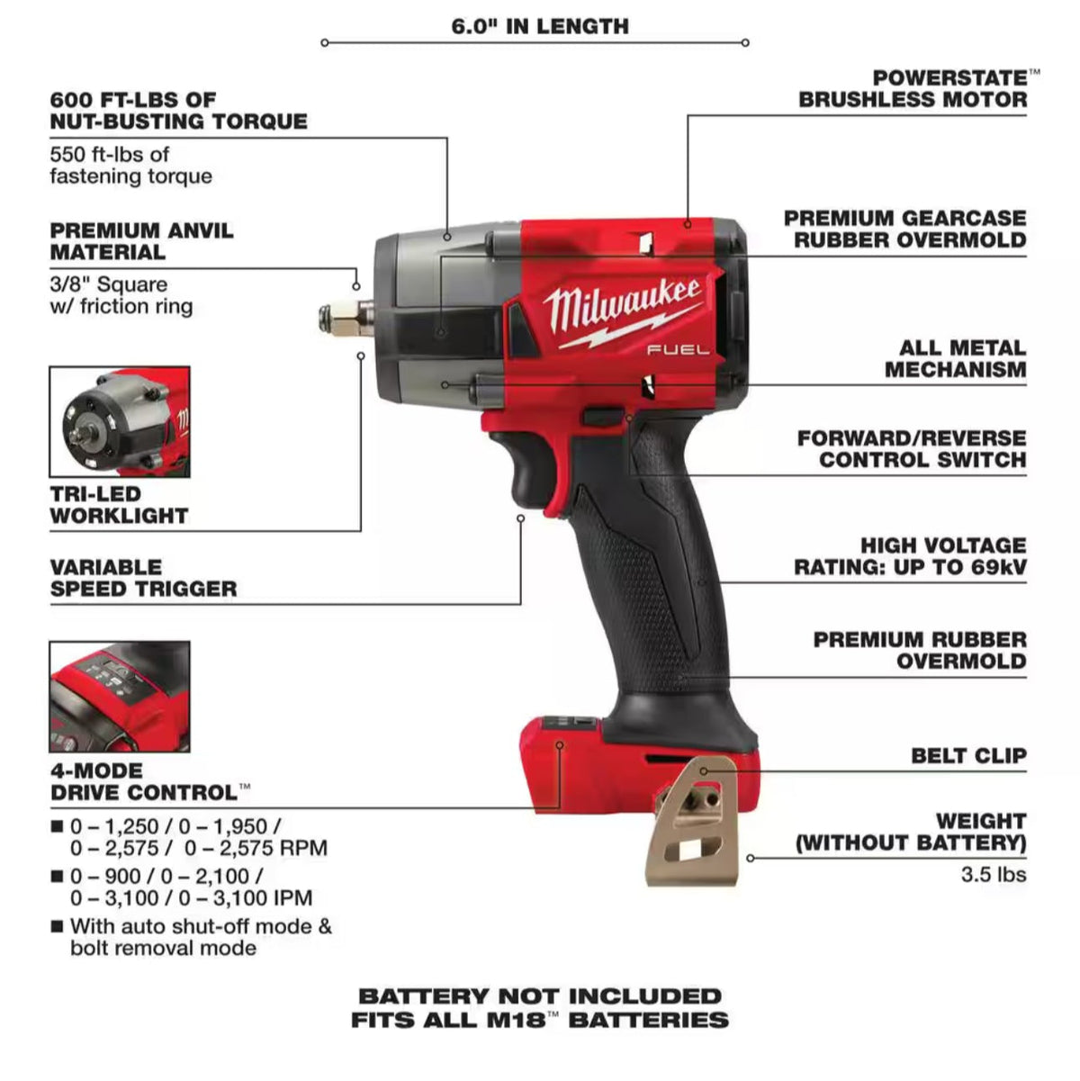 Milwaukee 2960-20 M18 FUEL 3/8 in. Mid Torque Impact Wrench Bare Tool with 600 ft-lbs Nut-Busting Torque