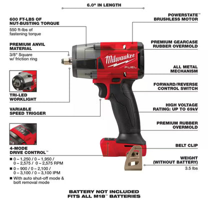 Milwaukee 2960-20 M18 FUEL 3/8 in. Mid Torque Impact Wrench Bare Tool with 600 ft-lbs Nut-Busting Torque