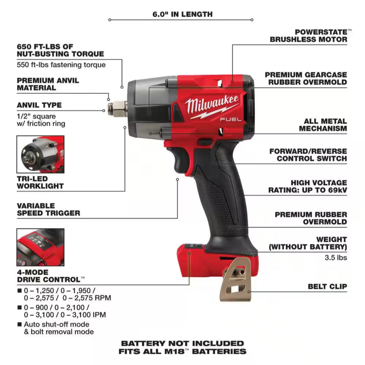 Milwaukee 2962-20 M18 FUEL Mid Torque Impact Wrench Bare Tool with 550 ft-lbs Fastening Torque