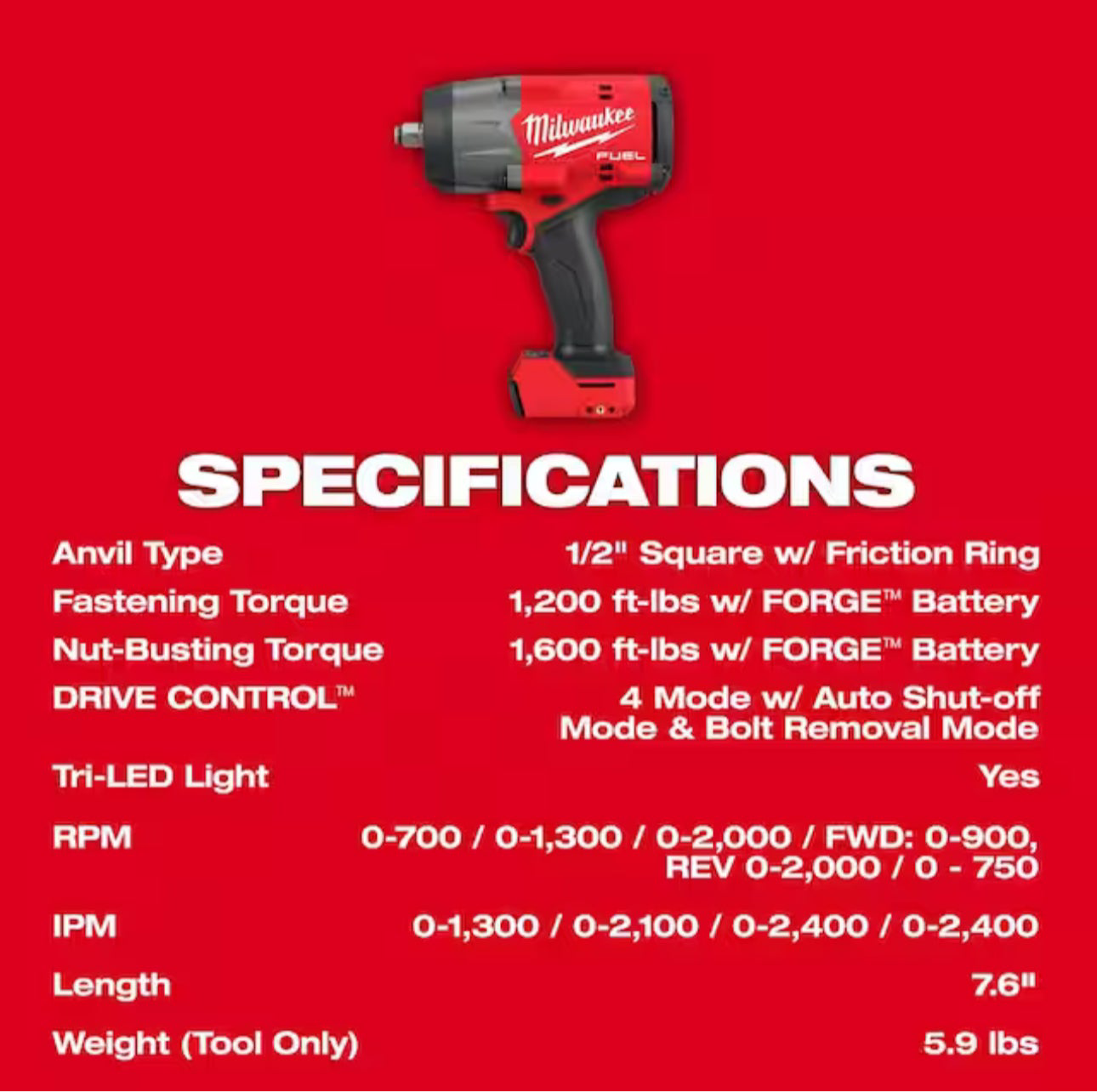Milwaukee 2967-20 High Torque Impact Wrench with 4-Mode DRIVE CONTROL and Tri-LED Work Lights