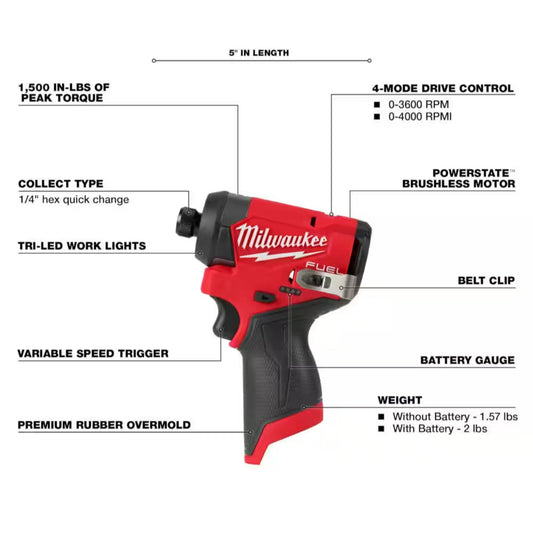 Milwaukee M12 FUEL 1/4" Hex Impact Driver Kit 3453-22