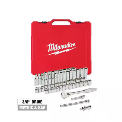 Milwaukee 3/8" Drive SAE/Metric Ratchet and Socket Mechanic Tool Set 56-Piece with 90-tooth ratchet, chrome-plated sockets, extensions, and durable blow-molded carrying case.