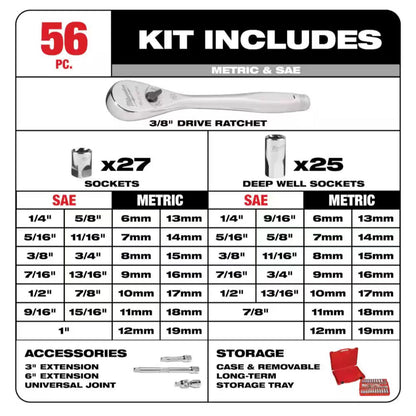 Milwaukee 3/8 in. Drive Mechanic Tool Set 56-Piece with Chrome-Plated Sockets and Blow-Molded Case