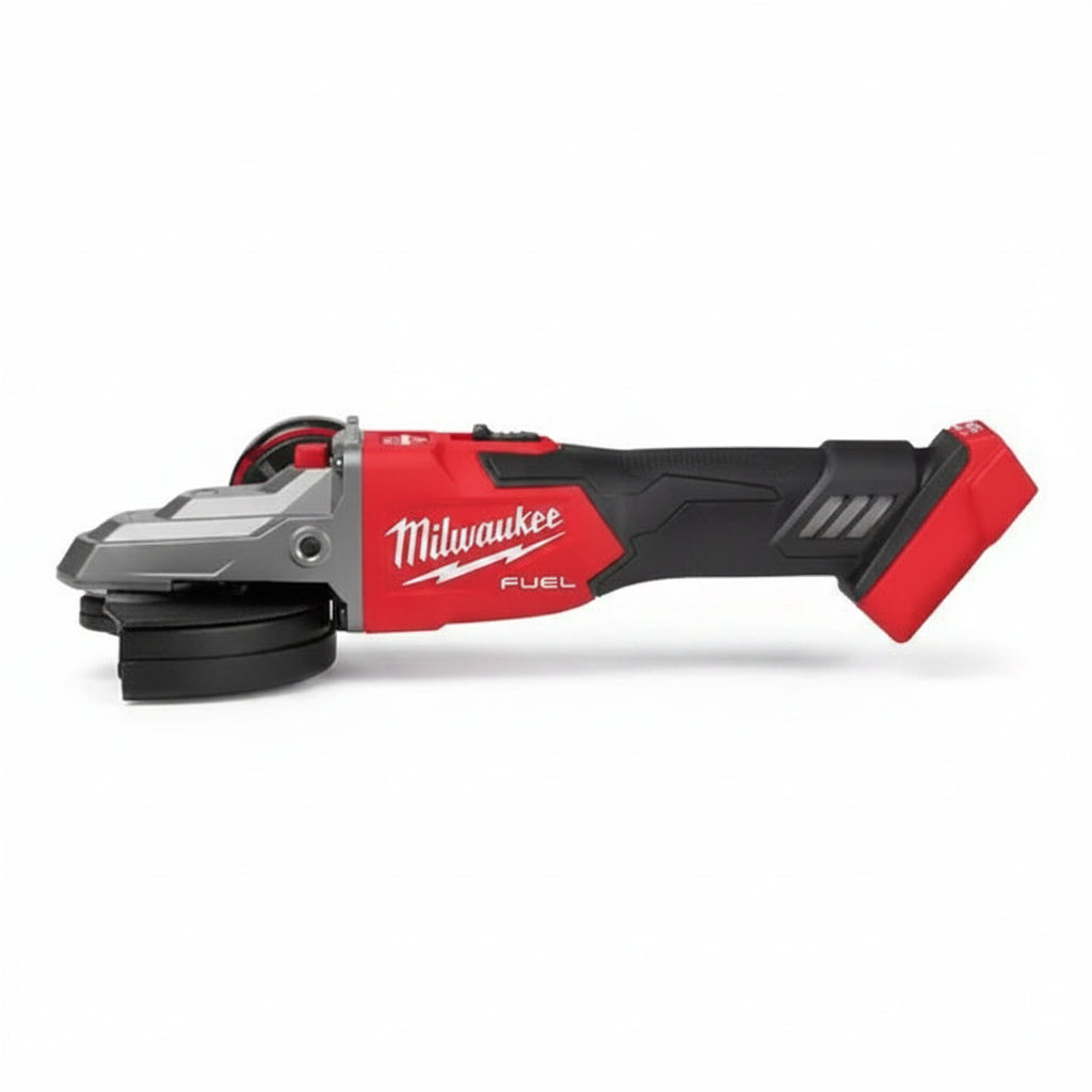 Milwaukee cordless angle grinder with a red and black body, silver guard, and black grinding disc, shown from a side profile on a white background.