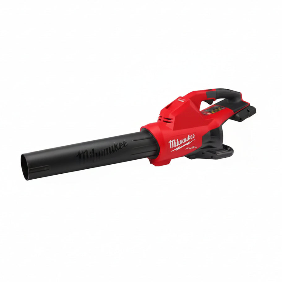 Milwaukee cordless leaf blower with a red and black body, featuring a black nozzle and handle, shown on a plain white background.