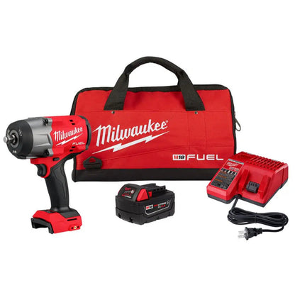 Milwaukee M18 FUEL 1/2 in. High Torque Impact Wrench with Friction Ring Kit 2967-21B including XC5.0 battery, charger, and contractor bag.