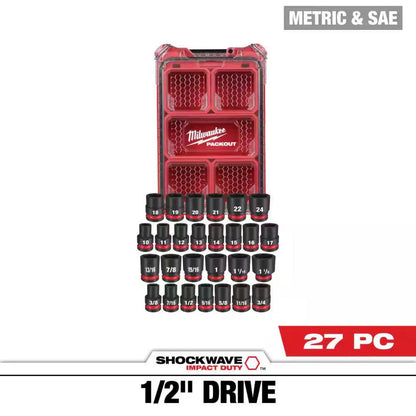 Milwaukee Shockwave impact duty socket set with red organizer on a white background
