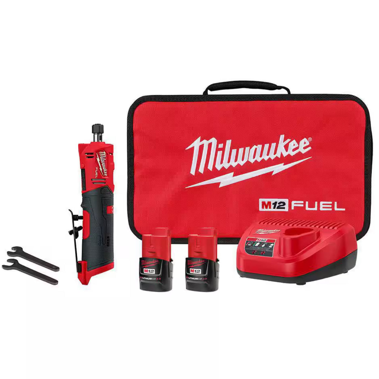 Milwaukee M12 FUEL™ 1/4" Straight Die Grinder Kit 2486-22 with two M12™ REDLITHIUM™ CP2.0 batteries, charger, contractor bag, and POWERSTATE™ Brushless Motor.