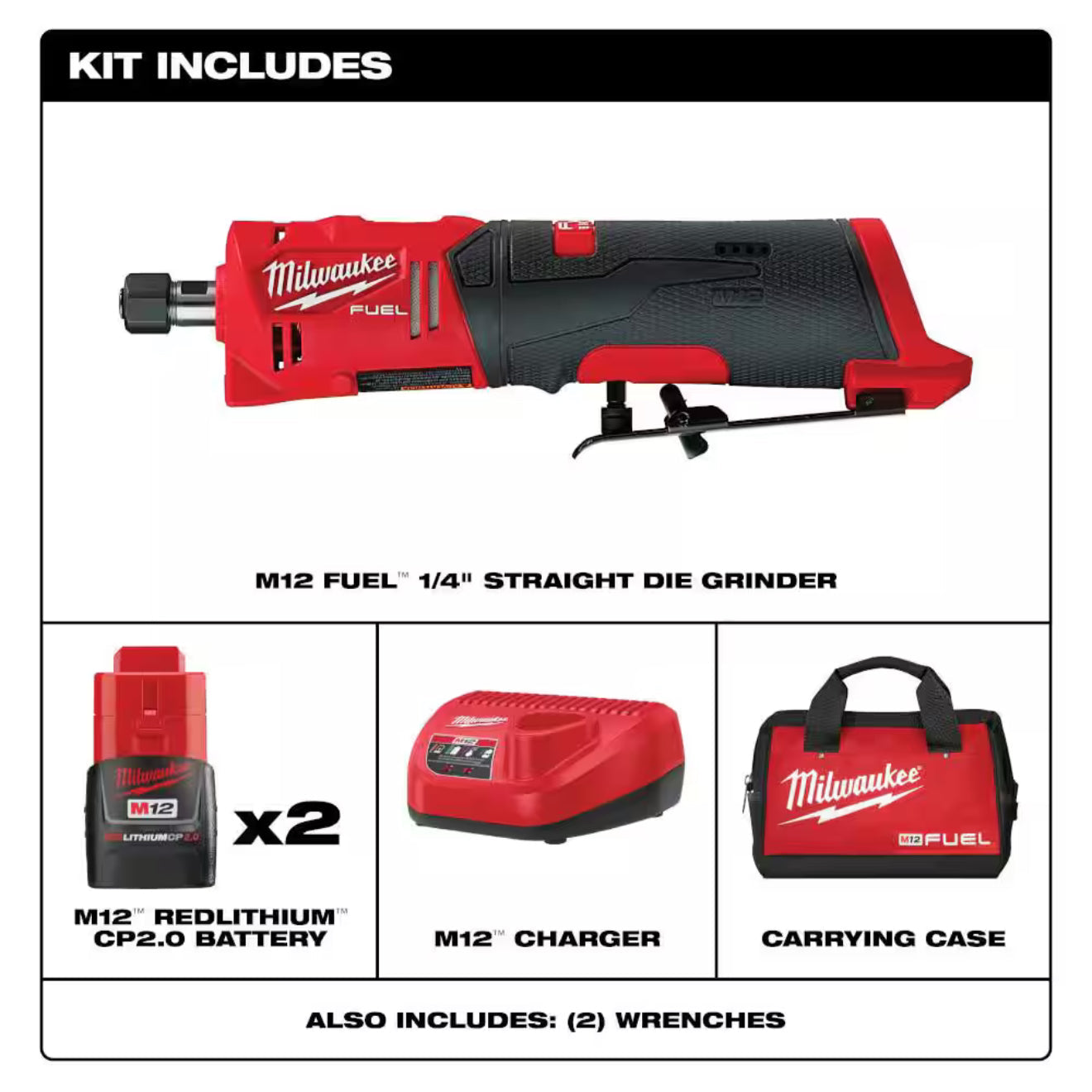 Milwaukee M12 FUEL 1/4 in. Straight Die Grinder Kit 2486-22 with Two 2.0Ah Batteries and Charger