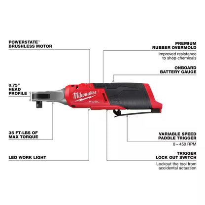 Milwaukee M12 FUEL 2567-20 High Speed Cordless Ratchet with Variable Speed Trigger and LED Light
