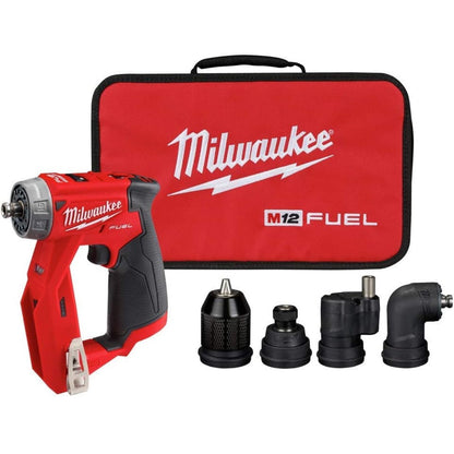 Milwaukee M12 FUEL 3/8 in. Installation Drill Driver 2505-20 with interchangeable 3/8" chuck, 1/4" hex, offset, and right-angle attachments.