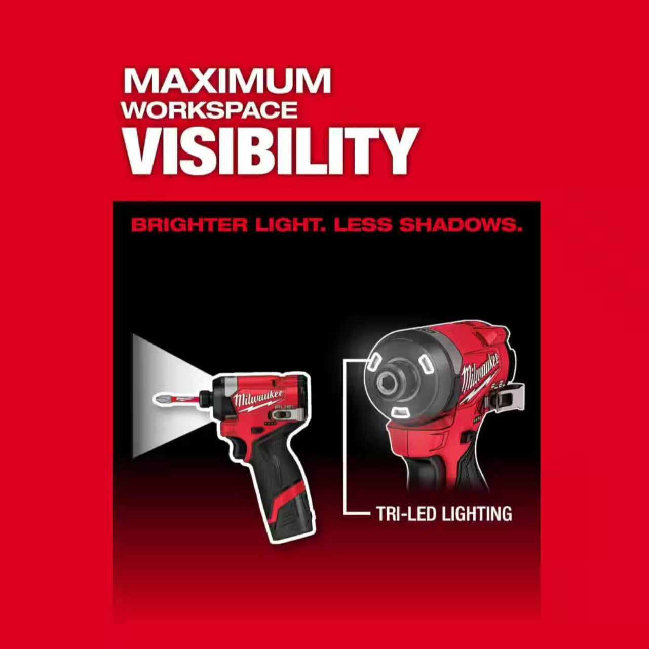 Promotional graphic for a Milwaukee cordless drill with a built-in tri-LED light, showing the drill with a projected light beam and a close-up of the illuminated lens. The image features a red background with bold white text reading 'MAXIMUM WORKSPACE VISIBILITY' and 'BRIGHTER LIGHT, LESS SHADOWS.