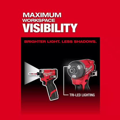 Promotional graphic for a Milwaukee cordless drill with a built-in tri-LED light, showing the drill with a projected light beam and a close-up of the illuminated lens. The image features a red background with bold white text reading 'MAXIMUM WORKSPACE VISIBILITY' and 'BRIGHTER LIGHT, LESS SHADOWS.