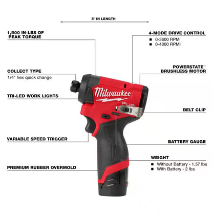 Milwaukee M12 FUEL impact driver with Tri-LED lighting