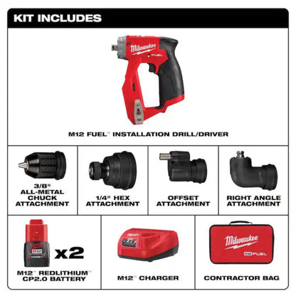 Milwaukee M12 FUEL installation drill with four interchangeable tool heads