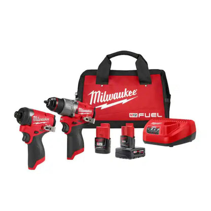 Milwaukee M12 FUEL Hammer Drill & Impact Driver Combo Kit 3497-22 including the 3404-20 hammer drill, 3453-20 impact driver, two CP2.0 batteries, charger, and contractor bag.