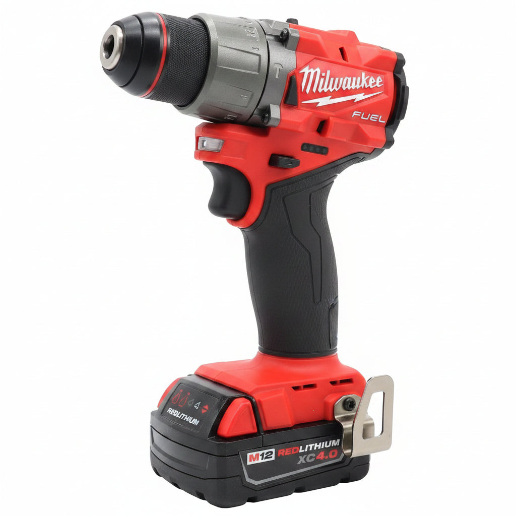 Red and black Milwaukee power drill on a white background