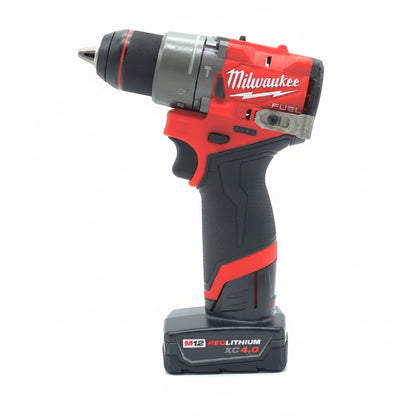 Milwaukee M12 FUEL 1/2 in. Hammer Drill 3404-20 with genuine M12 REDLITHIUM XC 4.0 Ah battery.