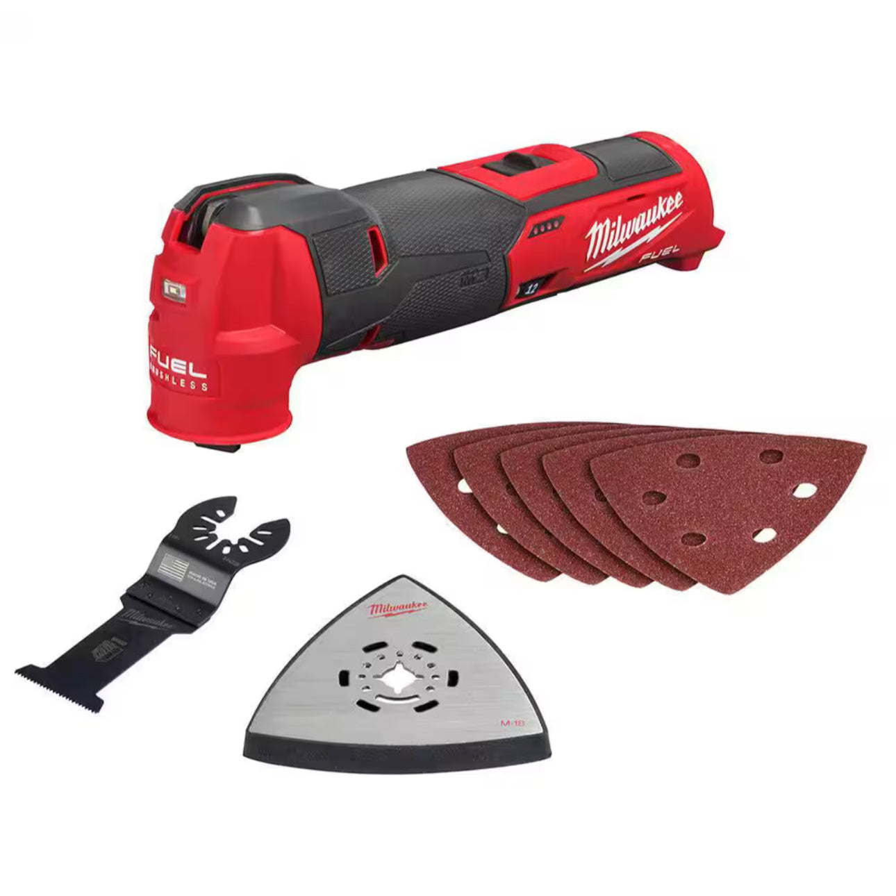 Milwaukee tool with accessories on a white background