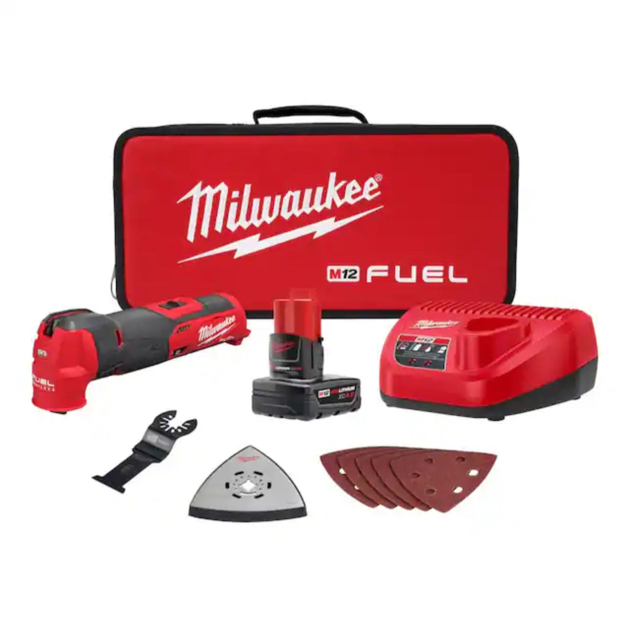 Milwaukee M12 FUEL cordless tool kit with a red and black wet/dry sanding wand, red and black battery