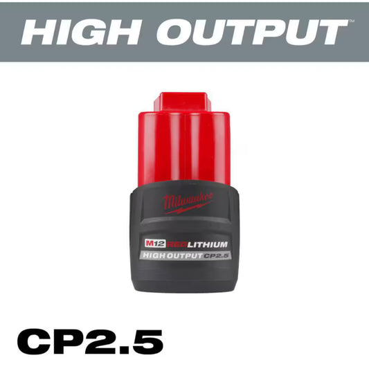Milwaukee M12 CP High Output 2.5 Ah Battery with red and black color scheme, labeled with the battery type and brand.