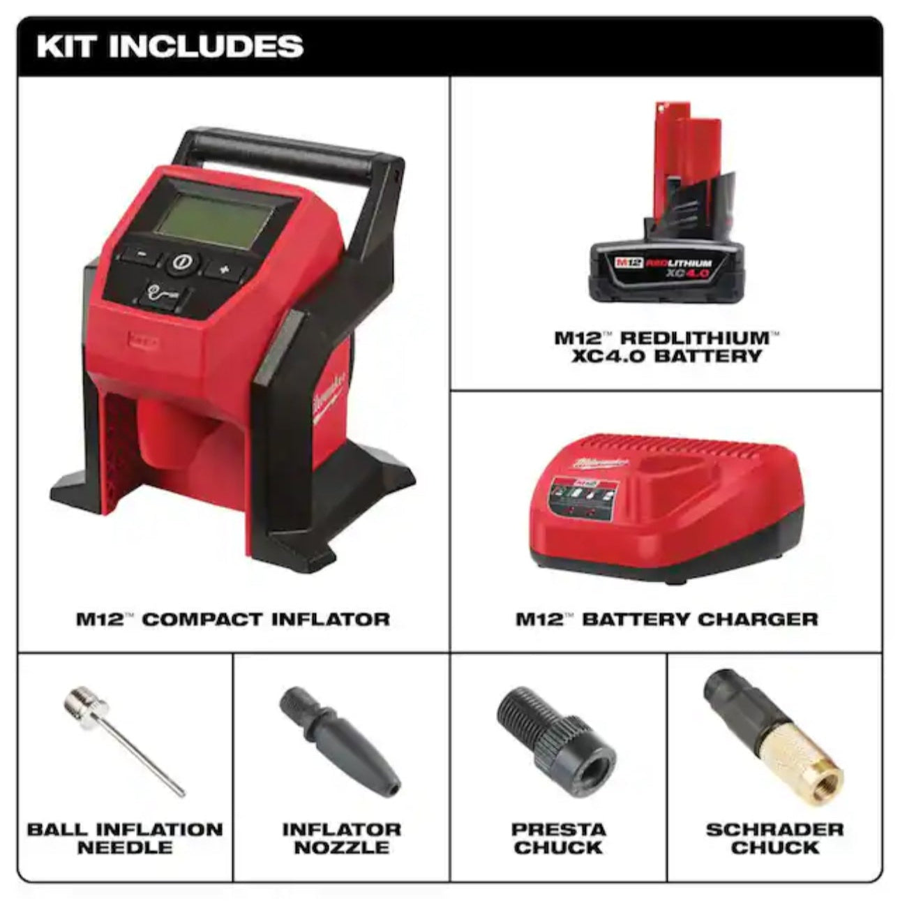 Milwaukee M12 Inflator Kit with 4.0 Ah Battery and Charger