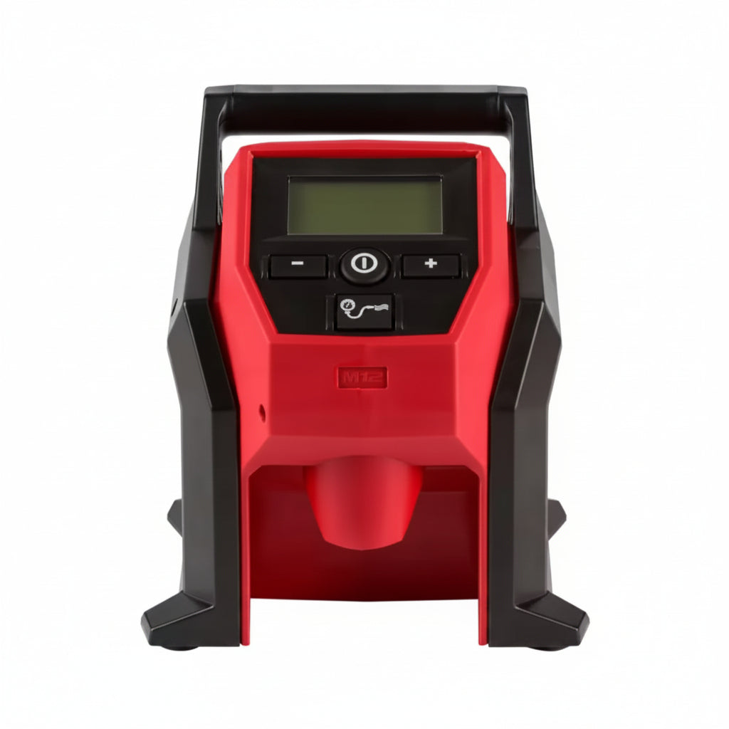 Red and black portable device with digital display on a white background