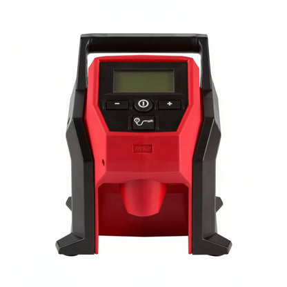 Red and black portable device with digital display on a white background