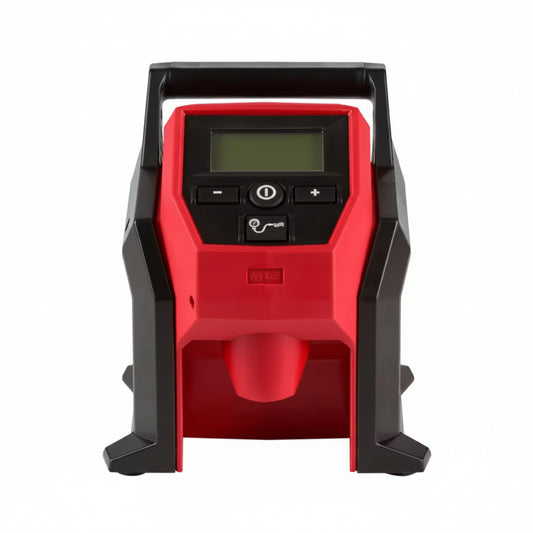 Red and black portable device with digital display on a white background