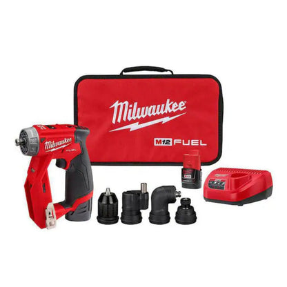 Milwaukee M12 FUEL 3/8 in. Installation Drill Driver Kit 2505-22 with four interchangeable heads, two CP2.0 batteries, charger, contractor bag, and brushless motor.