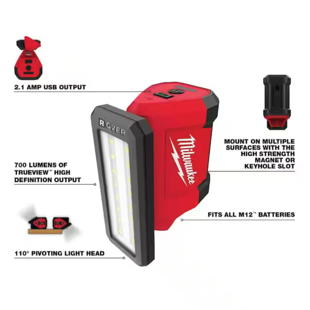 Milwaukee M12 ROVER LED service light with USB charging